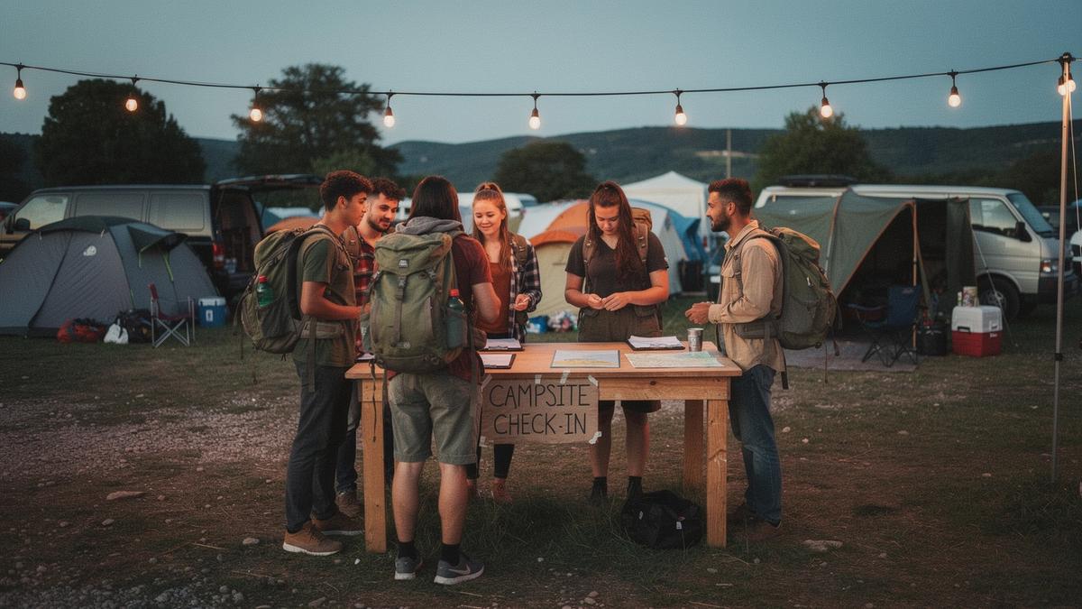 Young travellers with backpacks checking in at a festival campsite desk at dusk